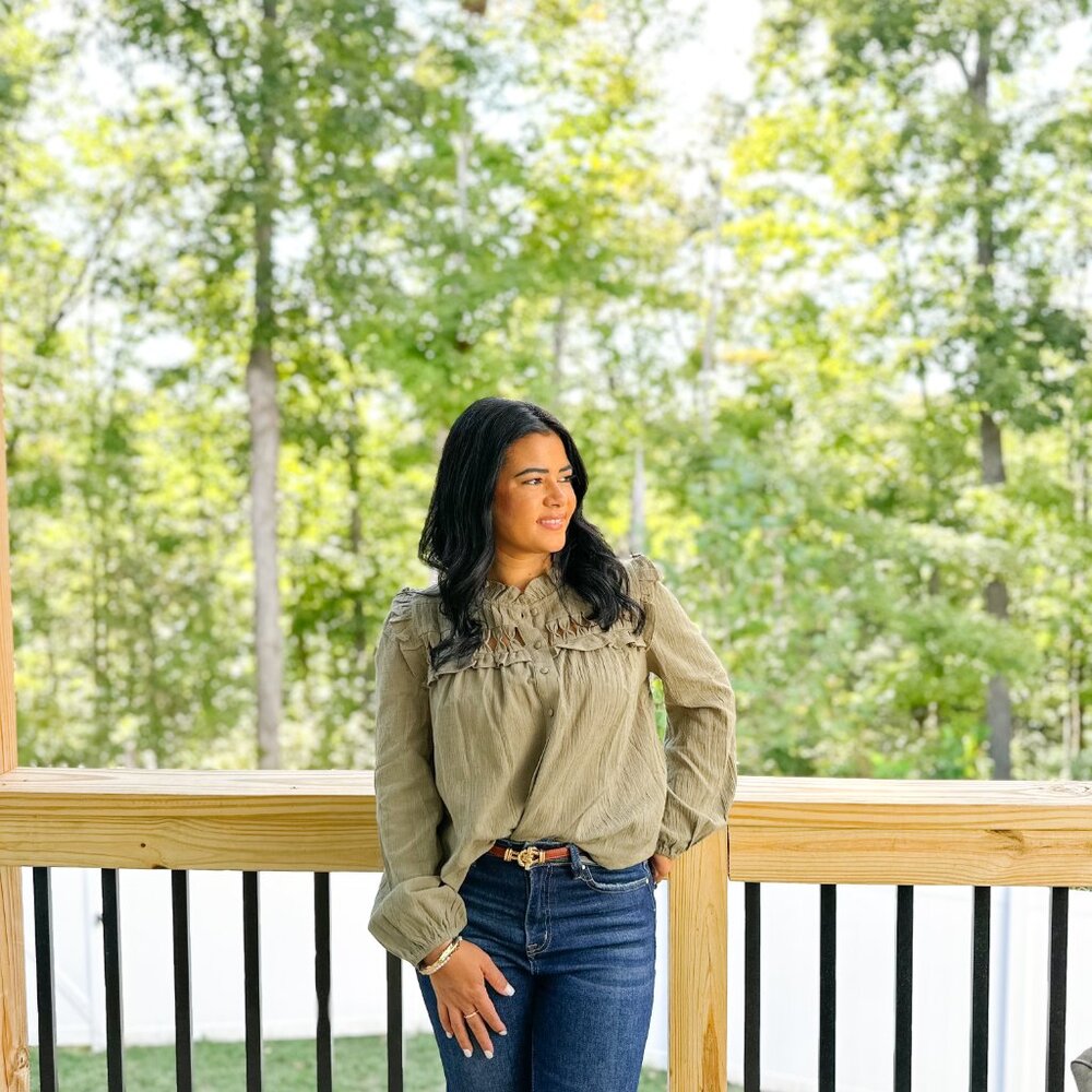 Olive button down blouse NWT - image 2